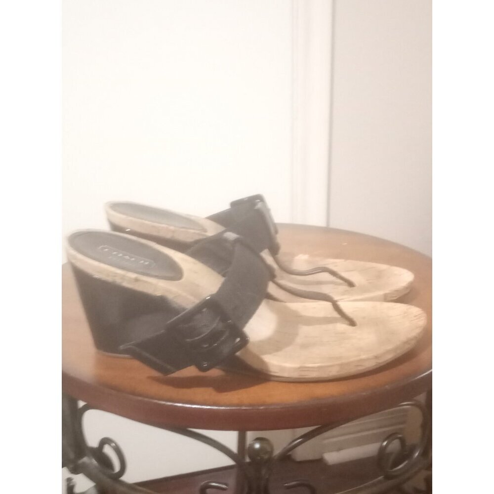 Coach Bernadette Q611 Black Patent Cork Thong Wedge Sandals Women's Size 9.5B